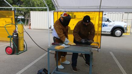 Assemblymember Rodriguez participates in a welding demonstration