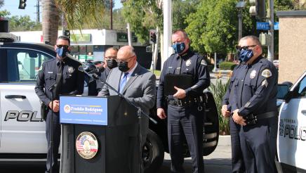 Assemblymember Freddie Rodriguez speaks during a press conference for the Pomona OATH Initiative. 