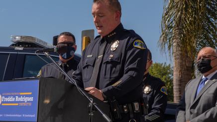 Chief Michael Ellis speaks during a press conference for the Pomona OATH Initiative. 