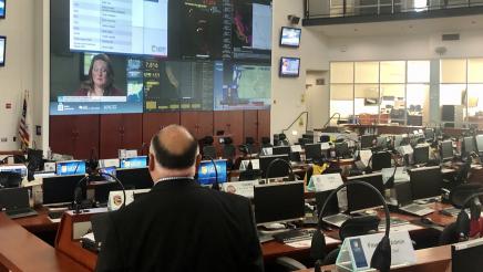 Asm. Rodriguez views the CalOES main operations center room. 